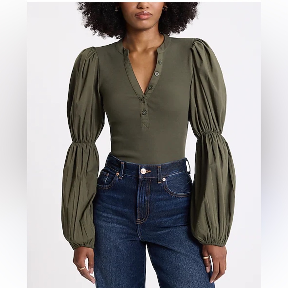 Veronica Beard Effy Woven Puff Sleeve Rib Top Olive Green - Picture 1 of 10